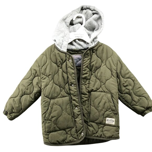 NEXT Baby 18-24M Quilted Puffer Jacket Hooded Army Green Snap Button Chore - Picture 1 of 6